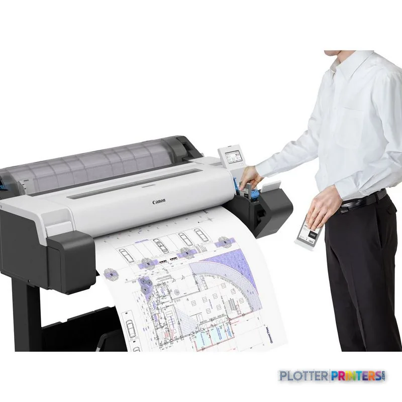 Canon imagePROGRAF TM-340 large format printer product image showing white and black printer with user holding printed archi…