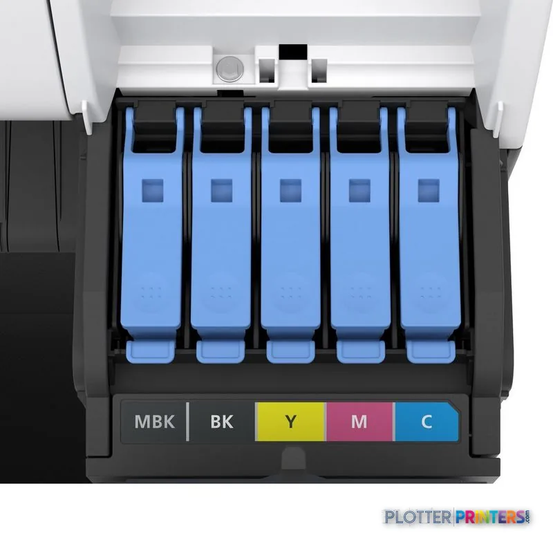 Canon imagePROGRAF TM-340 product image showing five blue ink cartridges and color labels