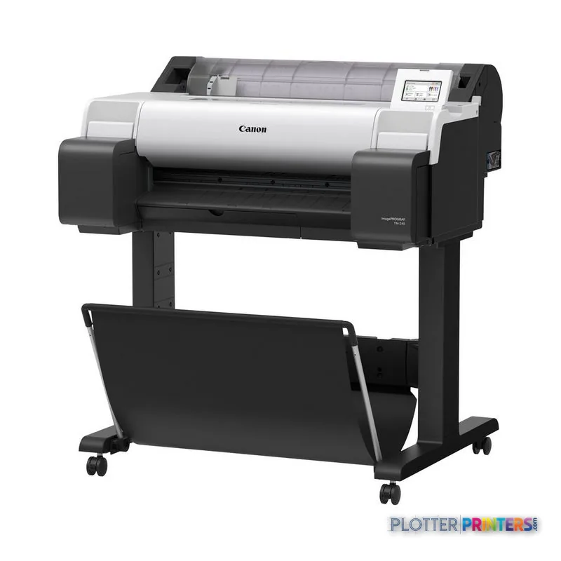 Canon imagePROGRAF TM-340 large format printer product image showing front view with white and black body on stand