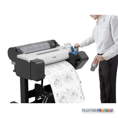 Canon imagePROGRAF TM-255 large format printer product image showing black and white inkjet printer with operator holding pr…