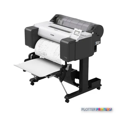 Canon imagePROGRAF TM-255 large format printer product image showing white and black inkjet printer with roll feed and outpu…