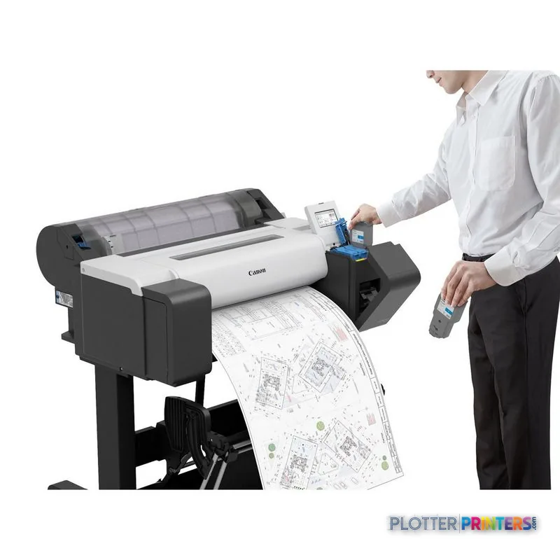 Canon imagePROGRAF TM-255 large format printer product image showing black and white inkjet printer with operator holding pr…