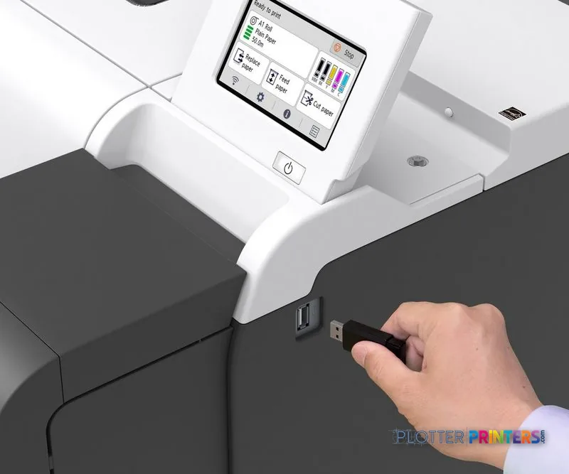 Canon imagePROGRAF TM-255 product image showing USB port connection on white and black printer body