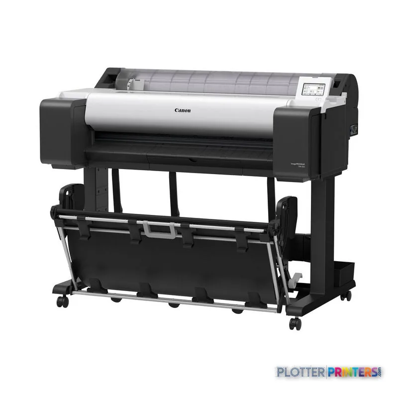 Canon imagePROGRAF TM-350 large format printer product image showing black and white device with paper roll loaded
