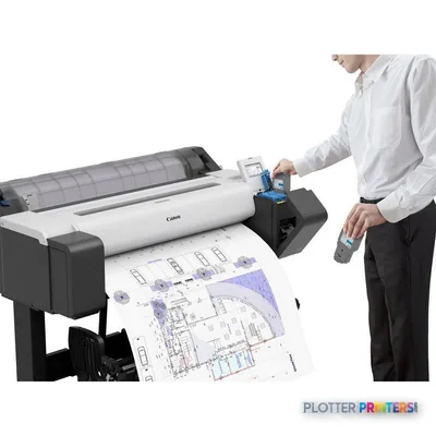 Canon imagePROGRAF TM-355 large format printer product image showing white and black printer with user operating control pan…
