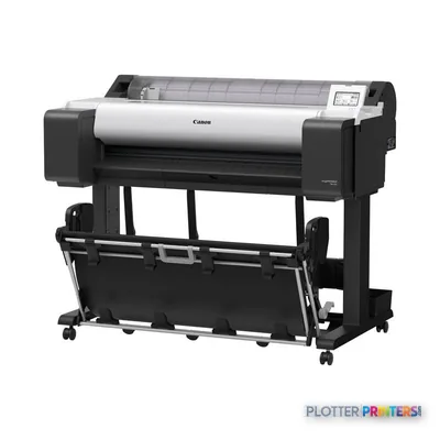 Canon imagePROGRAF TM-355 large format printer product view showing black and white device with paper roll loaded