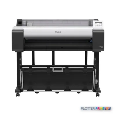 Canon imagePROGRAF TM-355 large format printer product view showing black and white design with roll feed