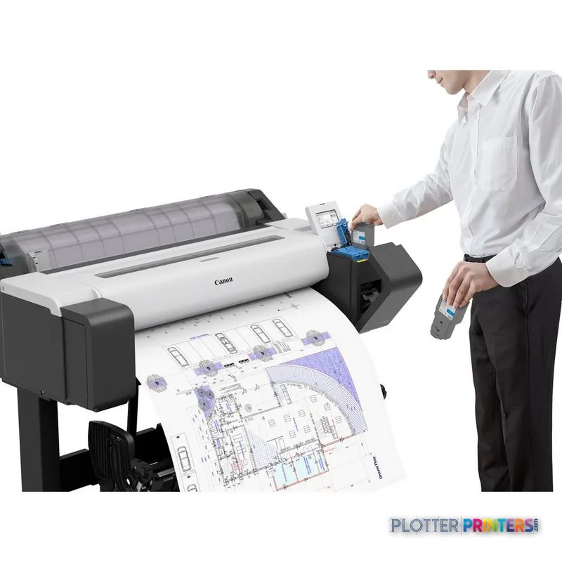 Canon imagePROGRAF TM-355 large format printer product image showing white and black printer with user operating control pan…