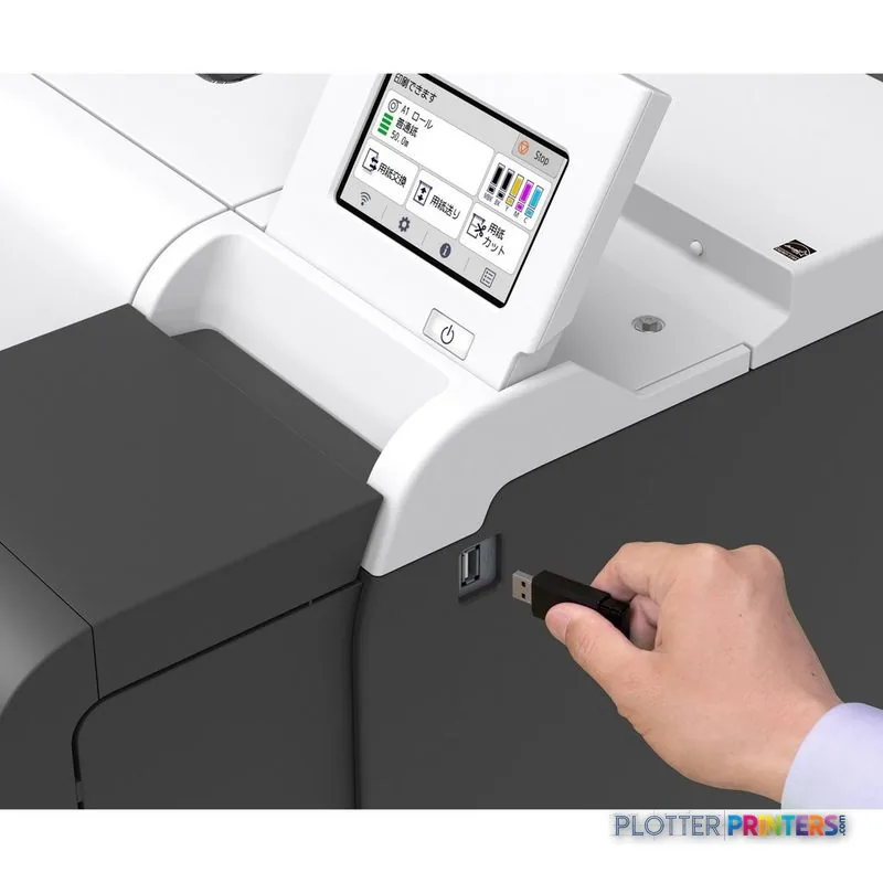Canon imagePROGRAF TM-355 product image showing USB port connection with touchscreen display visible