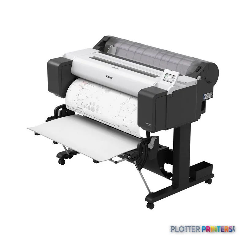 Canon imagePROGRAF TM-355 large format printer product image showing white and black printer with roll feed and output tray