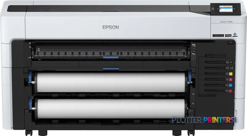 Epson SureColor SC-T7700DL large-format printer product image showing front view with dual roll feed system and touchscreen…