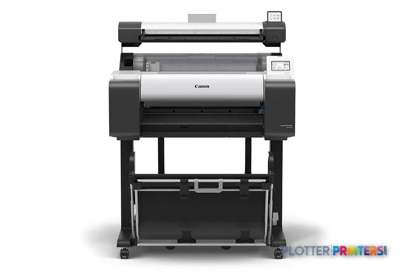 Canon imagePROGRAF TM-250 Lm MFP large format printer front view with white and black body on stand