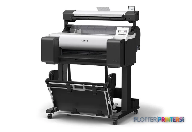 Canon imagePROGRAF TM-250 Lm MFP large format printer product view showing black and grey inkjet device with white paper rol…