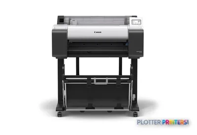 Canon imagePROGRAF TM-250 large format printer product image showing front view with white paper roll loaded and black stand…