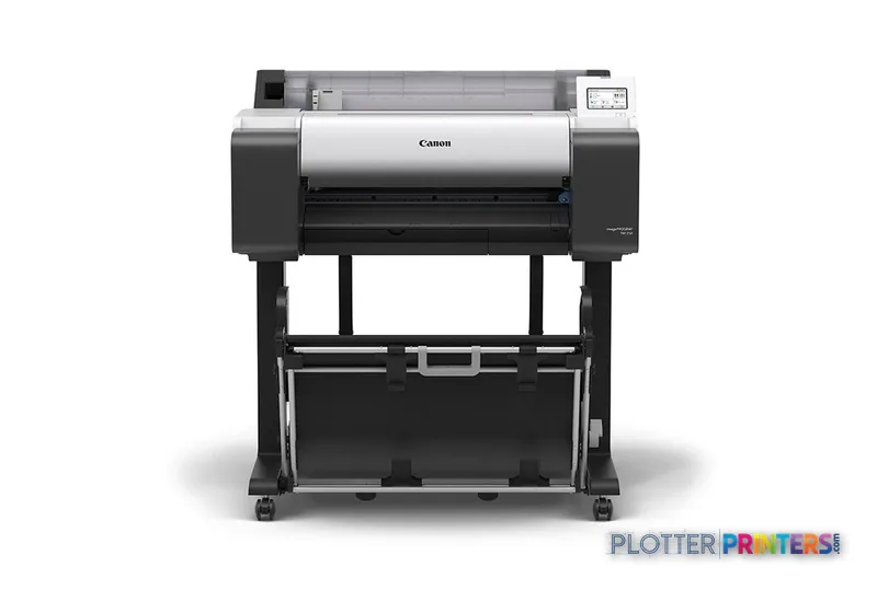 Canon imagePROGRAF TM-250 large format printer product image showing front view with white paper roll loaded and black stand…