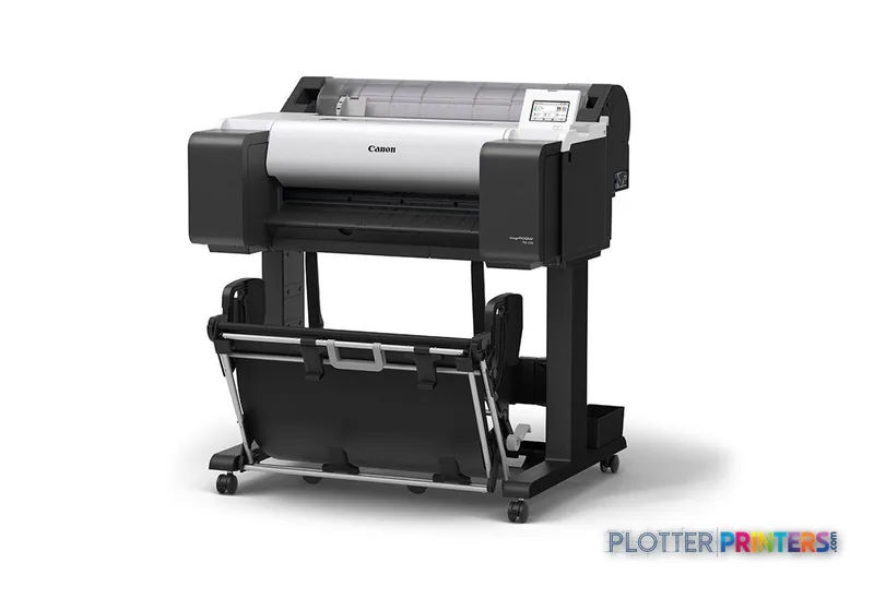 Canon imagePROGRAF TM-250 large format printer product image showing front view with white paper roll loaded and open catch…