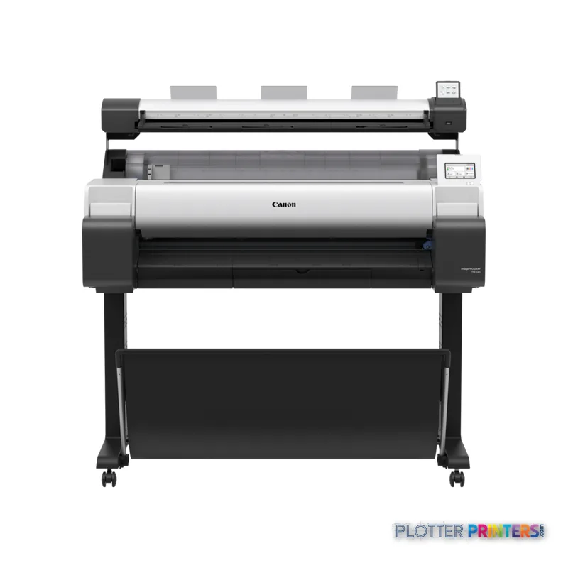 Canon imagePROGRAF TM-340 Lm MFP large-format printer product image showing front view with black and grey body on stand