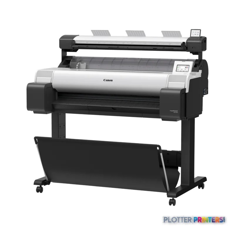 Canon imagePROGRAF TM-340 Lm MFP large-format printer product image showing black and grey inkjet device with white paper ro…