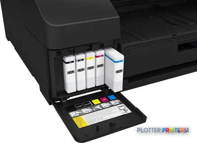 Epson SureColor P5300 product image showing open ink cartridge bay with five ink tanks and accessory tray
