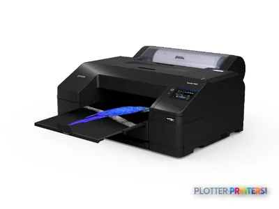 Epson SureColor P5300 product image showing black large-format printer with open output tray and blue printed material