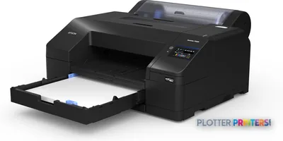 Epson SureColor P5300 product image showing black inkjet printer with open output tray and white paper loaded
