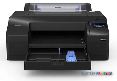 Epson SureColor P5300 product image showing black inkjet printer with open front tray and blue ink cartridge visible