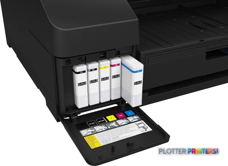 Epson SureColor P5300 product image showing open ink cartridge bay with five ink tanks and accessory tray
