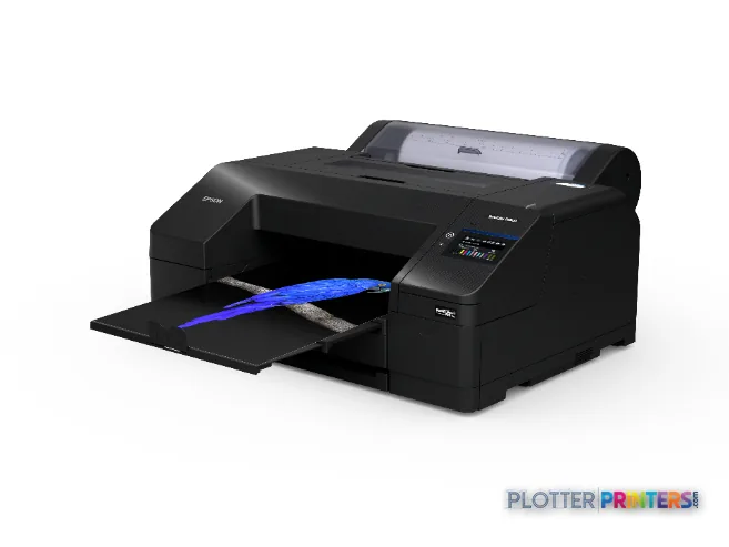 Epson SureColor P5300 product image showing black large-format printer with open output tray and blue printed material