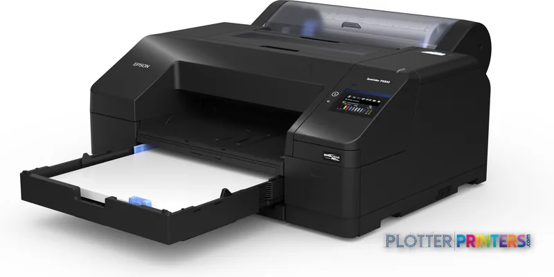 Epson SureColor P5300 product image showing black inkjet printer with open output tray and white paper loaded