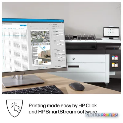 HP PageWide XL 4250 40-in Multifunction Printer with Top Stacker feature callout showing the printer in an office workspace…