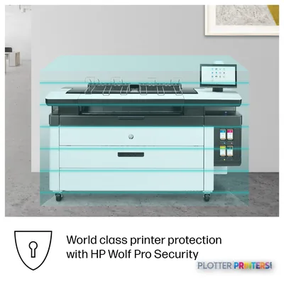 HP PageWide XL 4250 40-in Multifunction Printer with Top Stacker feature callout showing paper input tray and control panel