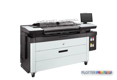 HP PageWide XL 4250 40-in Multifunction Printer front-right view showing white and black body with top stacker and control p…