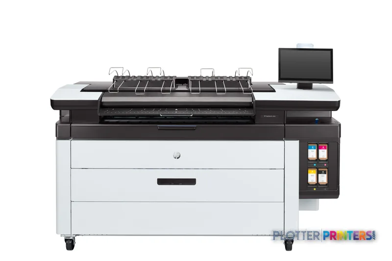 HP PageWide XL 4250 40-in Multifunction Printer front-center view with white and black body, top stacker, and control panel