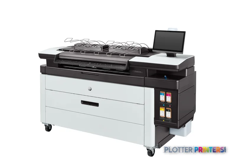 HP PageWide XL 4250 40-in Multifunction Printer front-left view showing white and black body with top stacker and control pa…