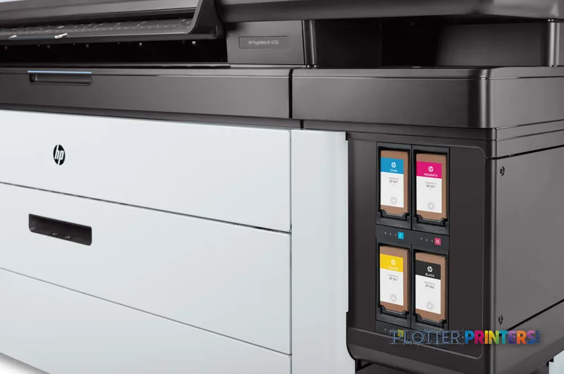 HP PageWide XL 4250 40-in Multifunction Printer lifestyle view showing white and black printer with ink cartridge bay