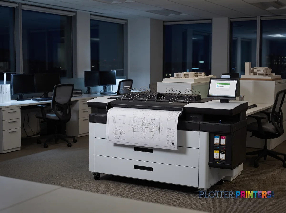 HP PageWide XL 4250 40-in Multifunction Printer with Top Stacker in an engineering office with a technical drawing at its print slot (staged scene from manufacturer product photography)