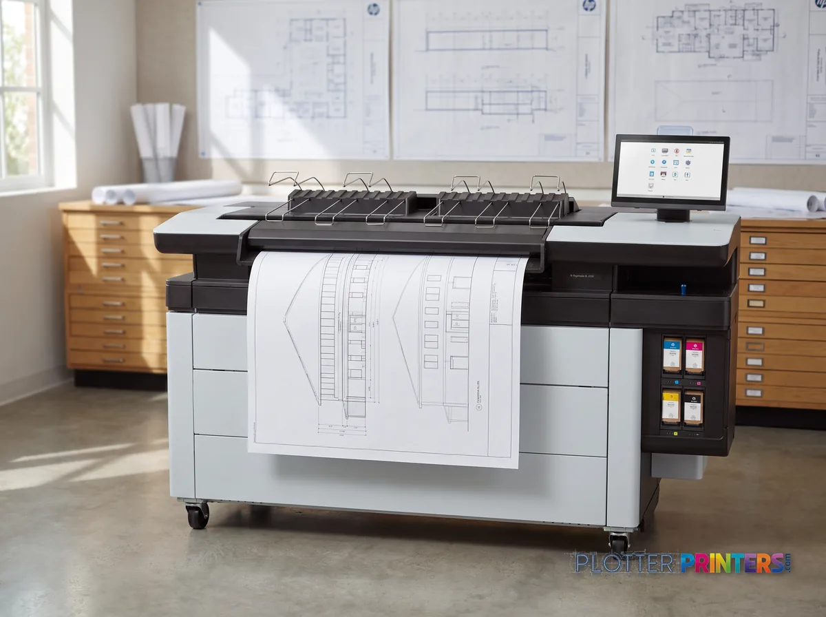 HP PageWide XL 4250 40-in Multifunction Printer with Top Stacker in a plan room beside flat-file drawers, printing a CAD elevation (staged scene from manufacturer product photography)