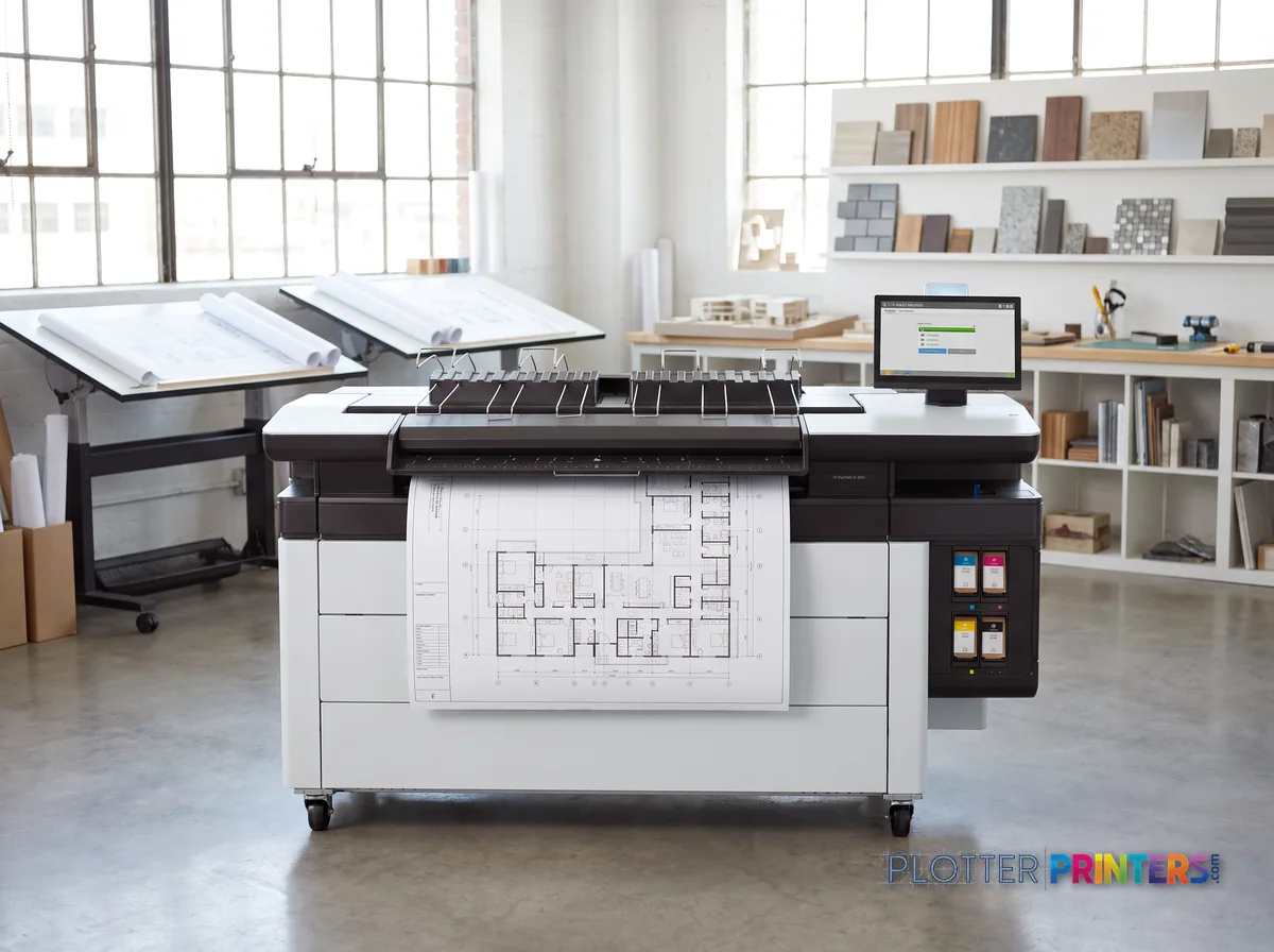 HP PageWide XL 4250 40-in Multifunction Printer with Top Stacker in a bright architecture studio, printing a large floor plan (staged scene from manufacturer product photography)