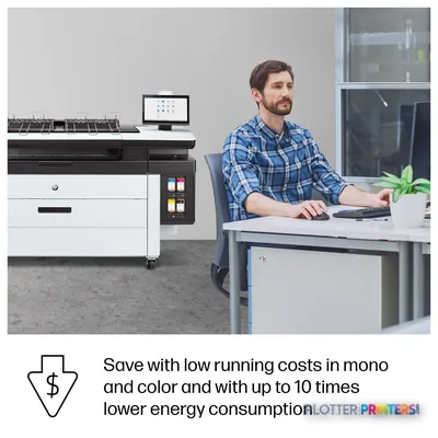 HP PageWide XL 4250 40-in Printer with Top Stacker in office setting with operator at desk