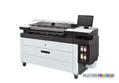 HP PageWide XL 4250 40-in Printer with Top Stacker front-left view showing white base unit with black top section and stacker