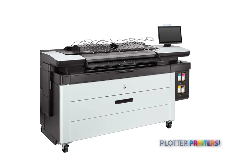 HP PageWide XL 4250 40-in Printer with Top Stacker, front-right view showing the printer with stacked output and control pan…