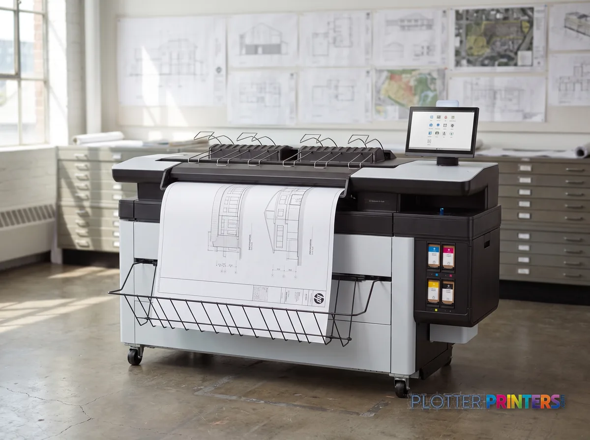 HP PageWide XL 4250 40-in Printer with Top Stacker in a plan room beside flat-file drawers, printing a CAD elevation (staged scene from manufacturer product photography)