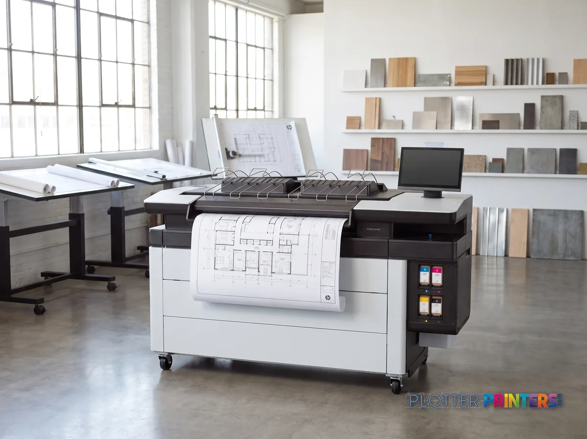 HP PageWide XL 4250 40-in Printer with Top Stacker in a bright architecture studio, printing a large floor plan (staged scene from manufacturer product photography)