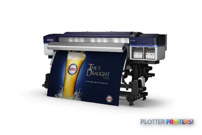 Epson SureColor SCS80600PE large format printer product image showing blue and silver machine with beer advertisement print…