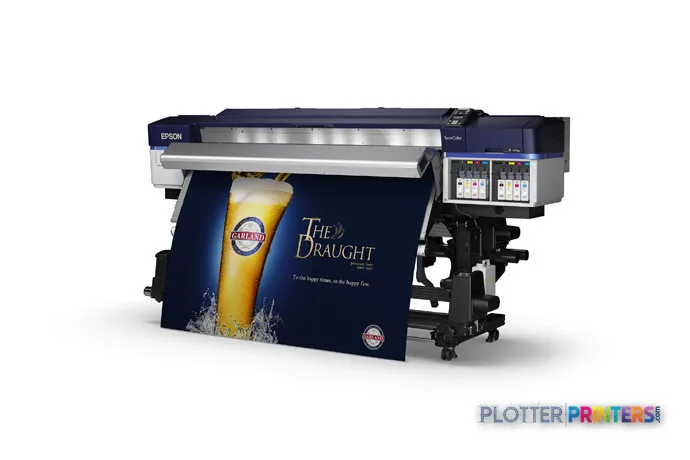 Epson SureColor SCS80600PE large format printer product image showing blue and silver machine with beer advertisement print…