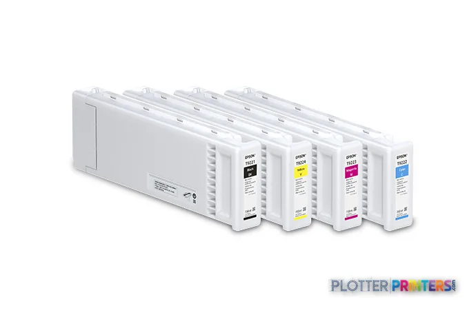 Epson SureColor SCS80600PE ink cartridge set showing black, yellow, magenta, and cyan cartridges