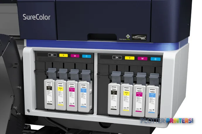 Epson SureColor SCS80600PE product image showing dual ink cartridge bays with blue and silver housing