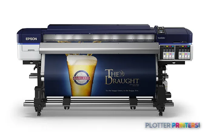 Epson SureColor SCS80600PE large-format printer product image showing blue and silver machine with beer advertisement banner
