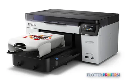 Epson SureColor F2270 large format printer product image showing black and white unit with open flatbed tray printing colorf…