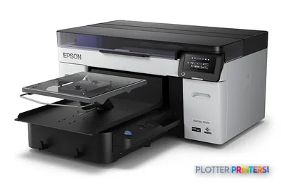 Epson SureColor F2270 large format printer product image showing black and white printer with open output tray